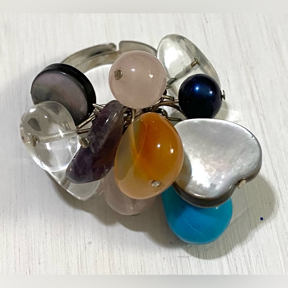 Vintage Multi-Color Adjustable Beaded Cluster Ring Boho Y2K Eclectic Festival - Picture 2 of 4